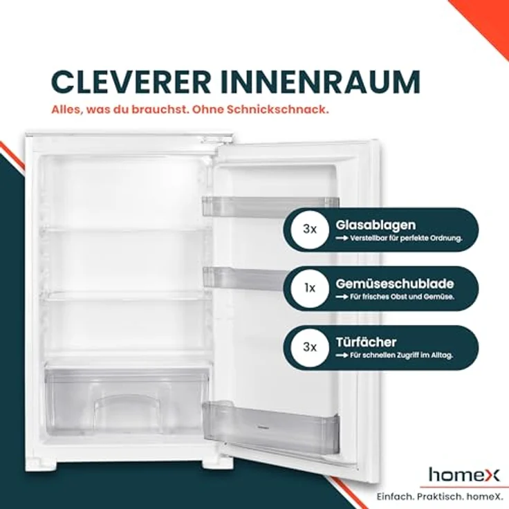 homeX CB1291E, Einbaukühlschrank ohne Gefrierfach für 88 cm Nische, 129 Liter, LED-Beleuchtung, 37 dB, Schlepptürtechnik – Bild 4
