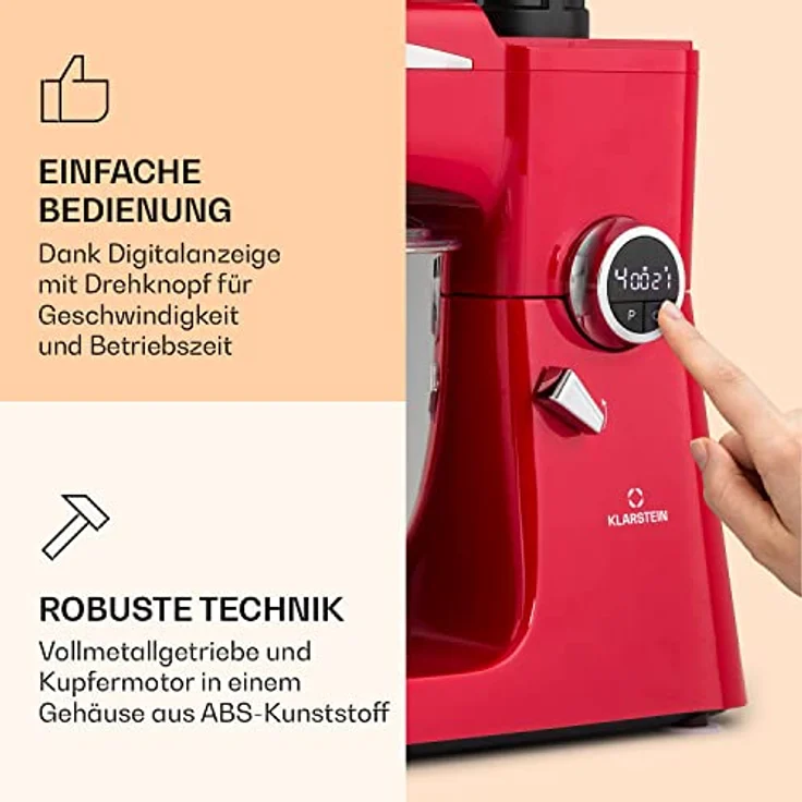 Klarstein Renata Rossa Küchenmaschine 3-in-1 2000 W / 2,7 PS 5 Ltr Edelstahl BPA-frei – Bild 2