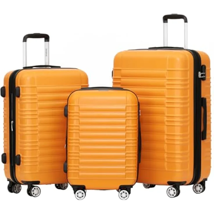 BEIBYE Hartschalen Koffer Trolley Kofferset, 3-teilig, orange, mit Zwillingsrollen und Sicherheitsschloss, erweiterbar