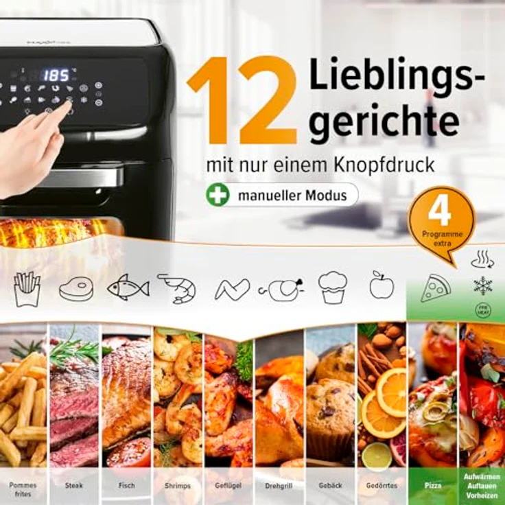 MAXXMEE 04703 Heißluft-Fritteuse, 1800W, ohne Fett, 12 l Fassungsvermögen, LED, Auftauen, Grill, Heißluft, Drehspieß, Display, schwarz – Bild 3