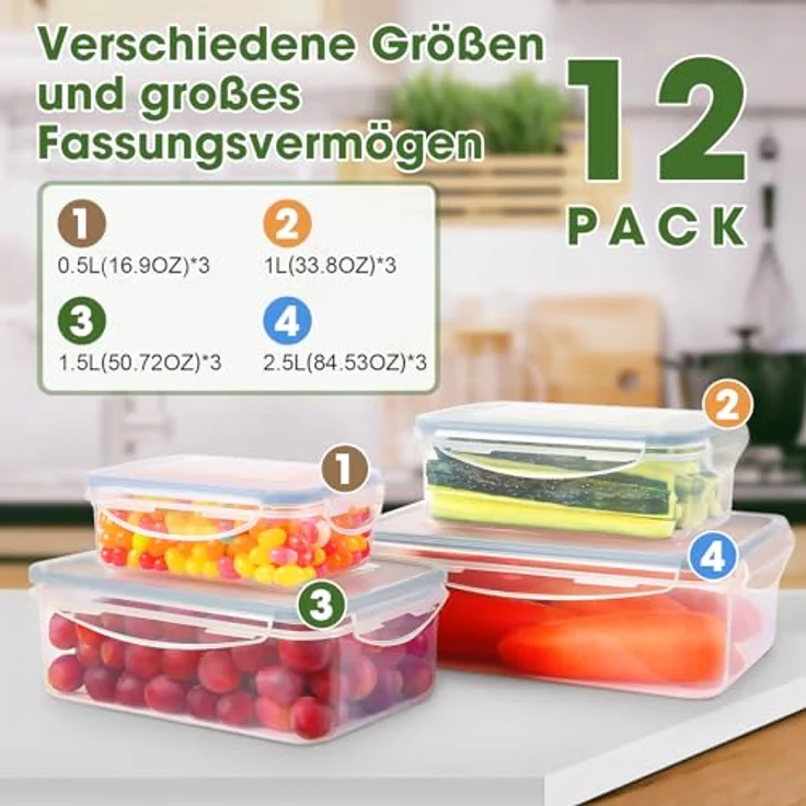 YASHE Frischhaltedose Set, 12-teilig, BPA-frei, 100% auslaufsicher, mikrowellen- und spülmaschinengeeignet, verschiedene Größen (0,5L - 2,5L) – Bild 3