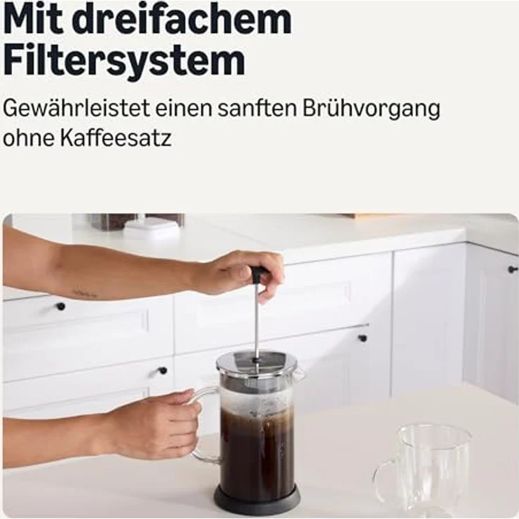 Amazon Basics French Press-Kaffeebereiter, 1 L, Borosilikatglas mit abnehmbaren spülmaschinenfesten Teilen, dreifaches Filtersystem – Bild 3
