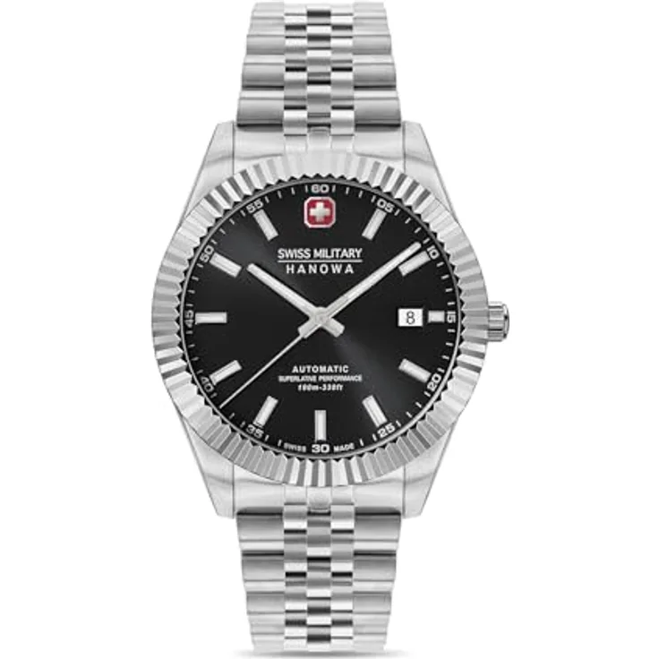 Swiss Military Hanowa Herren Analog Schweizer Automatikwerk Uhr mit Edelstahl Armband SMWGL0002101, Schwarz/Silber, Saphirglas, 10 bar wasserdicht
