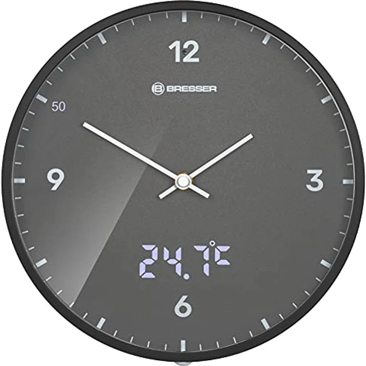 Bresser MyTime Wanduhr mit Funk ohne Tickgeräusche mit 24 cm großem Ziffernblatt, LED  Sekundenanzeige, Innentemperatur und geräuschlosem Funkuhrwerk, grau – Bild 2