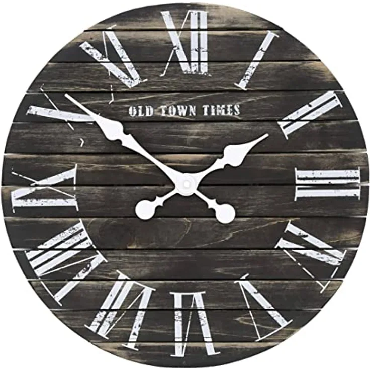 K&L Wall Art Lautlose Vintage Wanduhr Farmhouse Uhr langlebiges Uhrwerk ohne Ticken Shabby Chic Holzbretter 45cm große Wanduhren (Ø 45cm Schwarz Used Look)