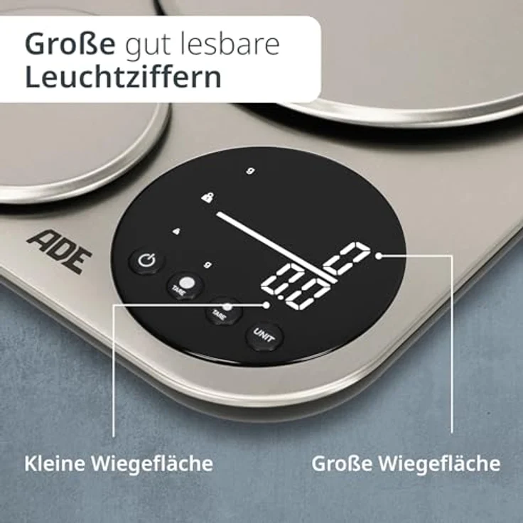 ADE Küchenwaage digital 5kg/1g & 500g/0,1g, duale Präzisionswaage mit Edelstahloberfläche, ideal zum Brot backen und Kaffeewaage – Bild 4