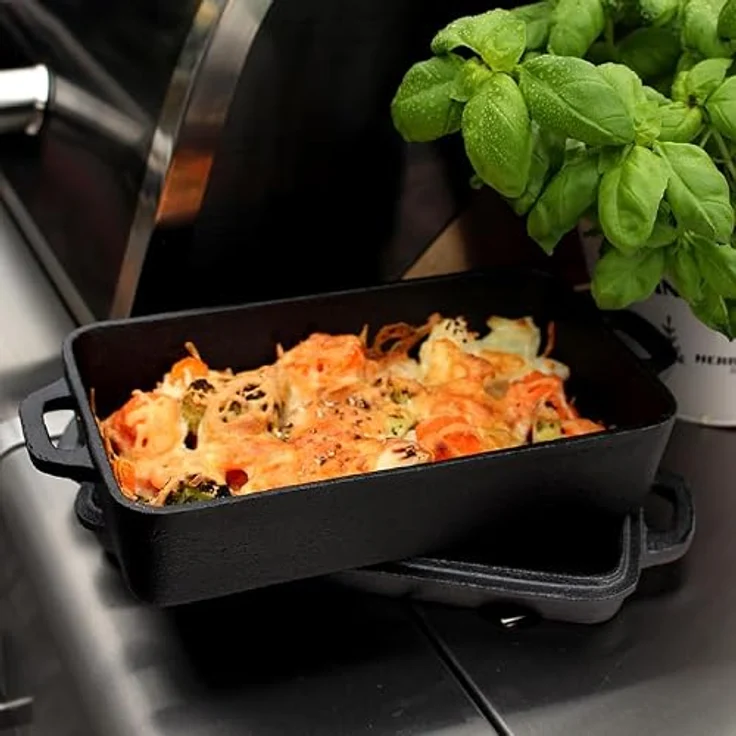 Paella World International Kombi 2in1 Casserole aus Gusseisen 28x17x6 cm + Deckel 28x17x3 cm, Naturguss mit Öl eingebrannt, für alle Herdarten, Backofen und Grill geeignet, Servierpfanne geeignet – Bild 2