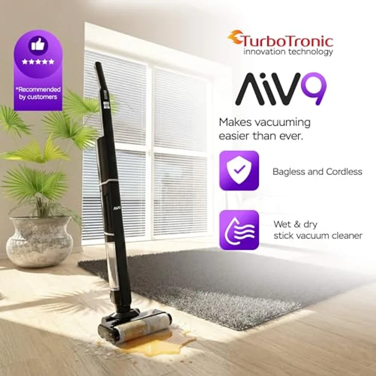 TurboTronic TT-AIV9, Kabelloser Nass- & Trockensauger mit Wischfunktion, 13 kPa Saugkraft, HEPA+-Filter, 25 Min. Akku, Schwarz – Bild 4