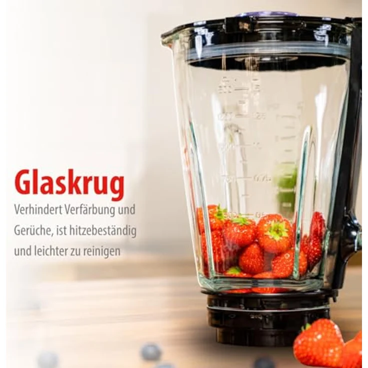 alpina Mixer 1,5L, Smoothie Maker 500W mit Glasbehälter, 2 Geschwindigkeiten, Pulsfunktion, rutschfeste Füße, schwarz-silber – Bild 8