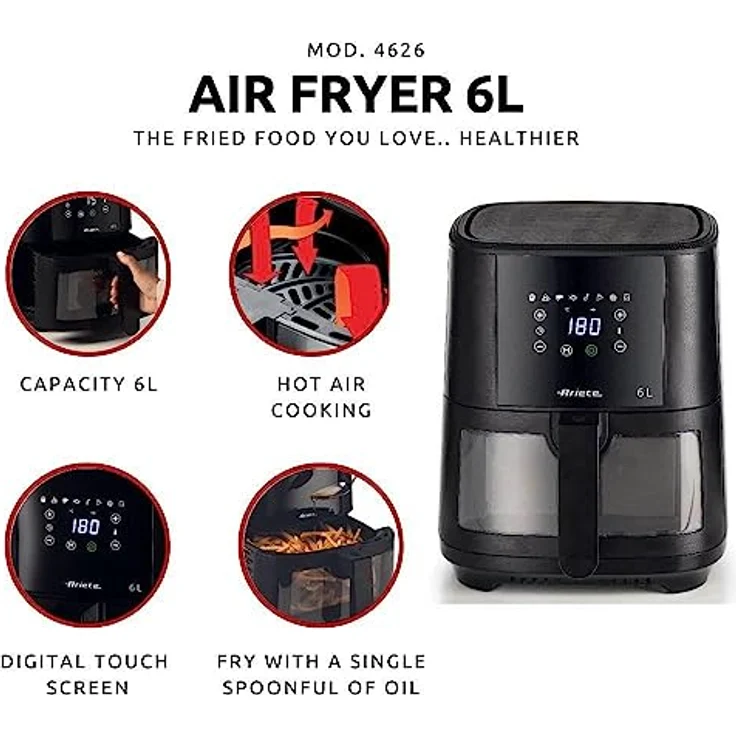 Ariete 4626 Friggitrice ad aria 6L, Luftfriteuse, 1300 W, Kapazität 6L, Garkapazität 2,5 kg, 8 voreingestellte Programme, Temperatur bis 200 °, transparenter Korb zur Kochkontrolle, schwarz – Bild 2