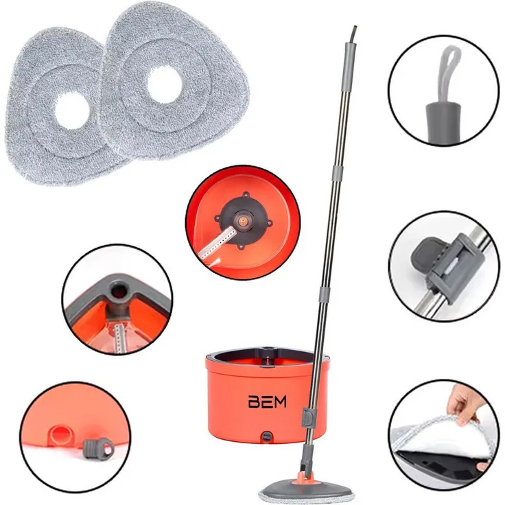 BEM Wischmopp ORBITA Bodenwischer Set mit Eimer, 2-in-1 mit Auswringfunktion, Filtersystem, selbsttrennendes Schmutz und Frischwassersystemм, 2 Mopp-Köpfe inkl.