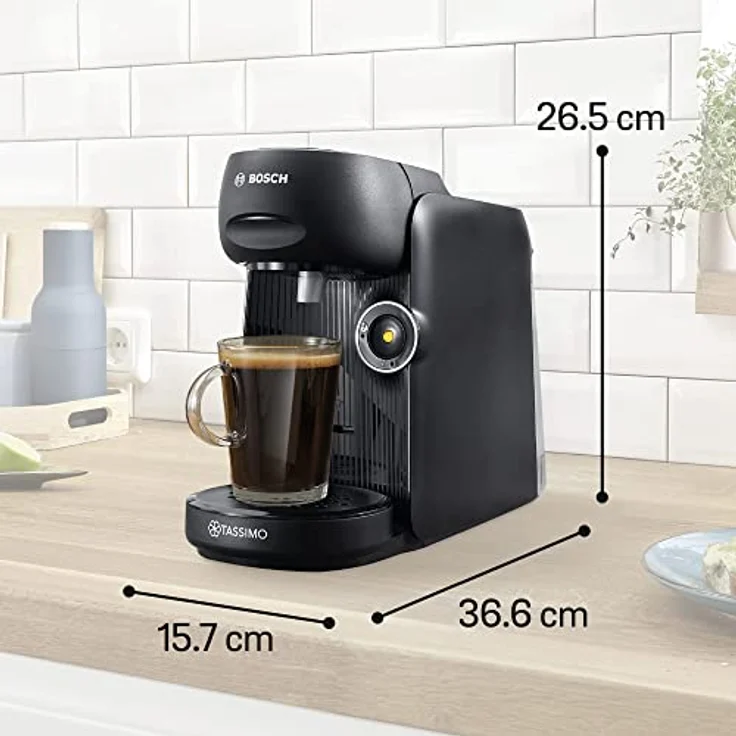 Tassimo Finesse Kapselmaschine TAS16B2 Kaffeemaschine by Bosch, 70 Getränke, intensiverer Kaffee auf Kopfdruck, Abschaltautomatik, perfekt dosiert, platzsparend, 1400 W, 0.7 liters schwarz/schwarz – Bild 2
