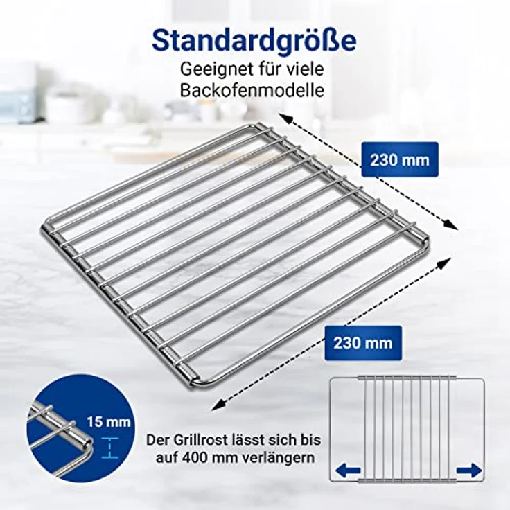 VIOKS Grillrost Verchromt, Ausziehbar 230-400 mm, Universeller Backofen-/Herdrost, Leicht zu reinigen – Bild 3