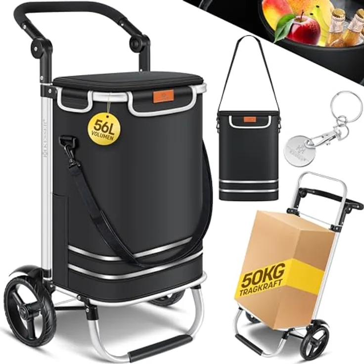 KESSER® Einkaufstrolley klappbar mit 56L Kapazität und belastbar bis 50kg | 3in1 Trolley Sackkarre & Umhängetasche | Faltbarer Einkaufswagen inkl. Kühlfach & Einkaufschip | Treppensteiger Schwarz