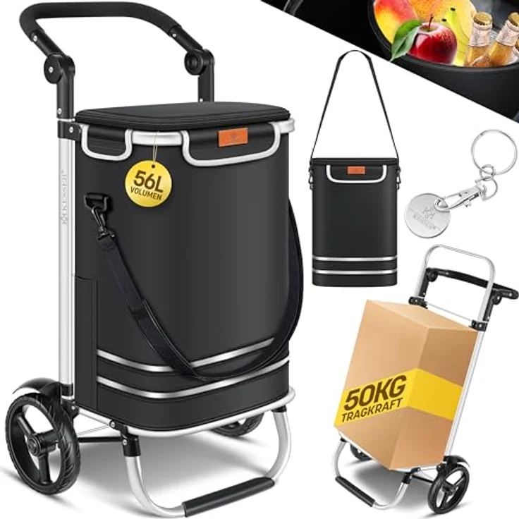 KESSER® Einkaufstrolley klappbar mit 56L Kapazität und belastbar bis 50kg | 3in1 Trolley Sackkarre & Umhängetasche | Faltbarer Einkaufswagen inkl. Kühlfach & Einkaufschip | Treppensteiger Schwarz – Bild 1