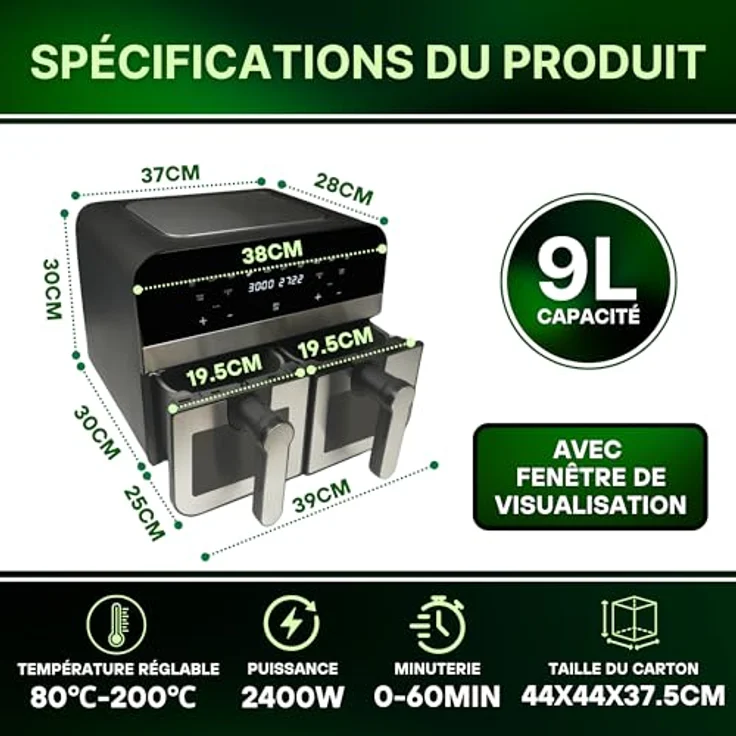 Comfy Nest CNAFD45WS, 2400 W digitale Heißluftfritteuse mit Doppelkorb, 9-Liter-Fenster, Touch-Sensor-Steuerung, modernes Design, grau – Bild 3