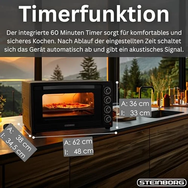 STEINBORG Minibackofen SB-3019, 60L, 2000W mit Umluft, Drehspieß und Timer, kompakt schwarz – Bild 7