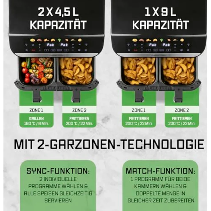 GOURMETmaxx AirGenius 2-Kammer-Heißluftfritteuse, 9 Liter (2 x 4,5 l) mit Multi-Color LED-Touchdisplay, Mattschwarz, 2400 Watt – Bild 5