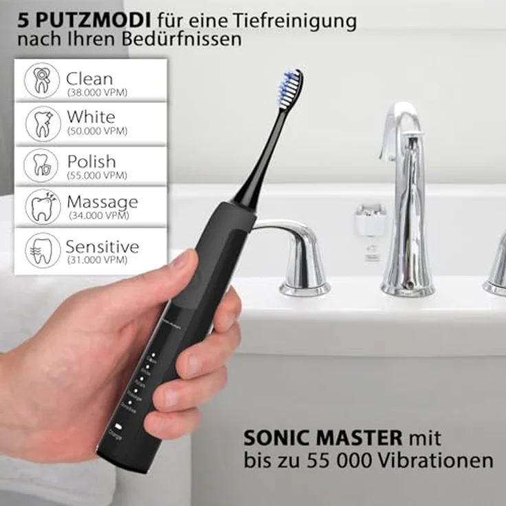 Tristan Auron Sonic Master Schallzahnbürste – Elektrische Zahnbürste mit 55.000 Schwingungen & 5 Modi – 60 Tage Akku – inkl. Reiseetui & 6 Aufsteckbürsten – ergonomisch & wasserfest (Schwarz) – Bild 3