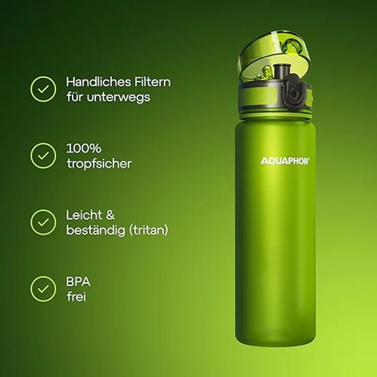 AQUAPHOR City Filterflasche 500ml Grün I Flasche mit Wasserfilter für unterwegs I Filter mit Aktivkohle I Filtert Chlor I Aus Tritan & BPA-frei I Für besseren Geschmack & Geruch des Wassers – Bild 2
