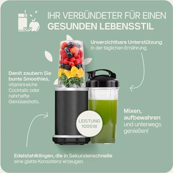 4Swiss NB102 Mixer Smoothie Maker, tragbarer Standmixer für Küche, leistungsstark, kompakt, schwarz – Bild 3