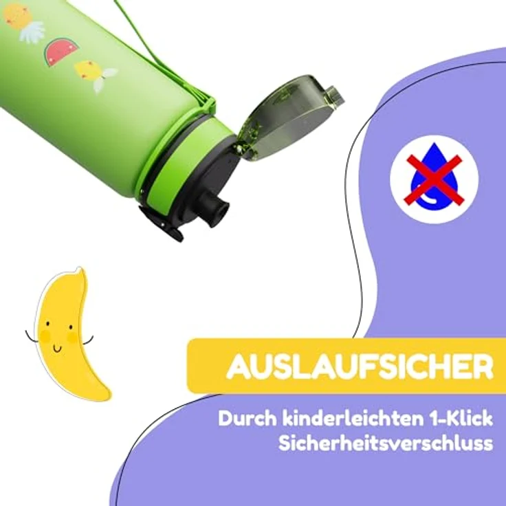 Klarstein Schmatzfatz Trinkflasche, 500 ml Kinderflasche mit auslaufsicherem 1-Klick-Verschluss und BPA-freiem Tritan, sportliches Design – Bild 3