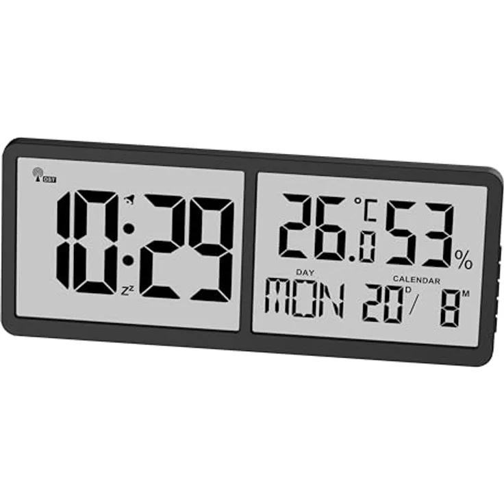Miraval Digitale Funk-Wanduhr mit Großem Display, Datum, Temperatur und Luftfeuchtigkeit, Schwarz