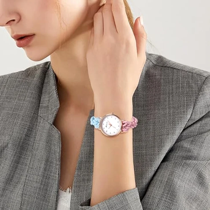 JewelryWe Damenuhr mit Blau Pink Geflochtenem Haarband, Analog Quarz Armbanduhr mit Elastischem Wickelarmband für Frauen und Mädchen – Bild 5