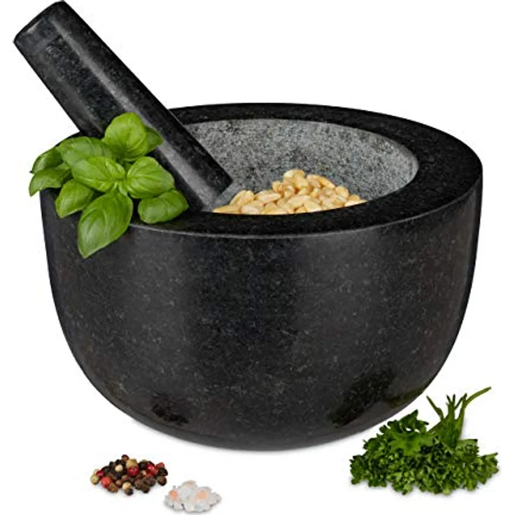Relaxdays Mörser Granit Schwarz Höhe 12 cm rund – Bild 1