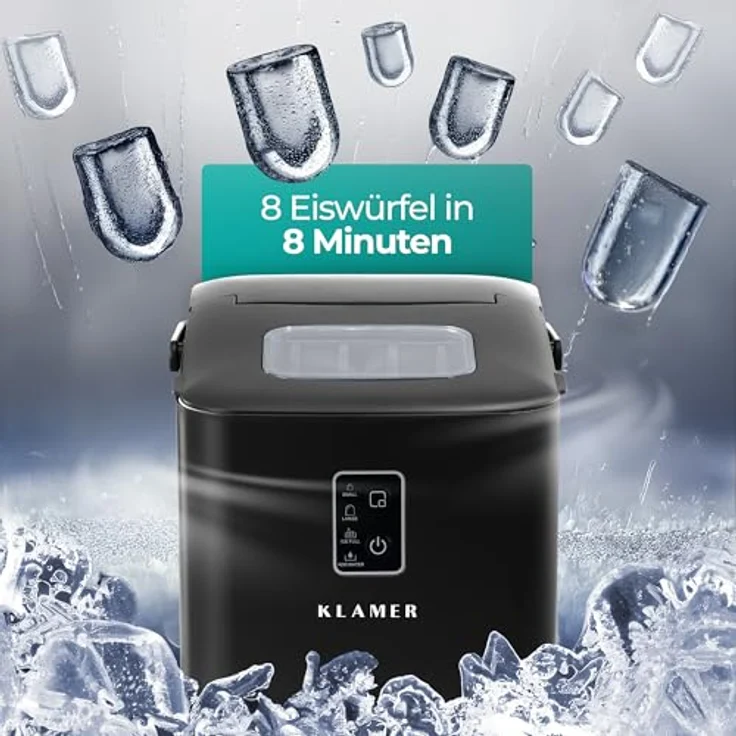 KLAMER Eiswürfelmaschine klein 2025, 8 Eiswürfel in 8 Minuten, 11 kg Eis pro Tag, 2 Eiswürfelgrößen, 1 L Wassertank, geräuscharm mit Tragegriff und Eisschaufel – Bild 3