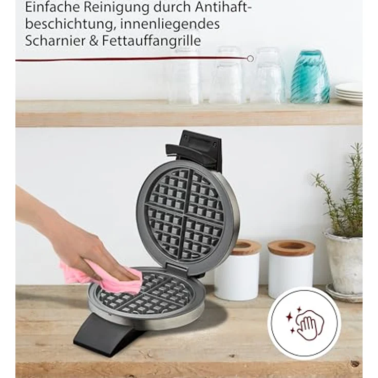 Cloer 1699 Amerikanisches Waffeleisen, runde Waffel 15,5 cm Durchmesser, Antihaftbeschichtung, fest eingestellter Bräunungsgrad, Edelstahl, 930 W – Bild 4