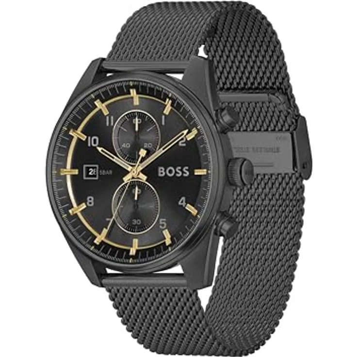 BOSS Chronograph Quarz Uhr SKYTRAVELLER, Edelstahlarmband mit schwarzem Zifferblatt und Datumsfunktion, 44 mm – Bild 2