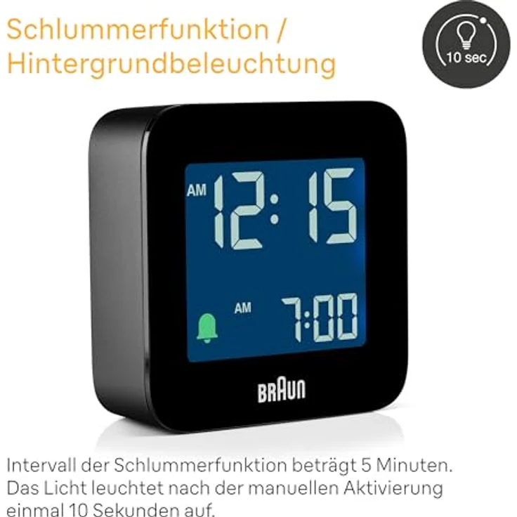 Braun BC08B Digitaler Reisewecker mit Schlummerfunktion, negativem LC-Display, schneller Einstellfunktion und Crescendo-Alarm in Schwarz – Bild 3