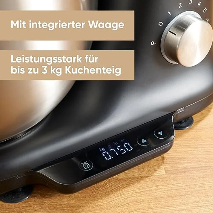 SEVERIN Küchenmaschine mit Waage, große Knetmaschine für bis zu 3 kg Kuchenteig, robuste Teigmaschine mit Knethaken, Flachrührer und Schneebesen, 1.000 W, schwarz, matt/Edelstahl, KM 3898 – Bild 2