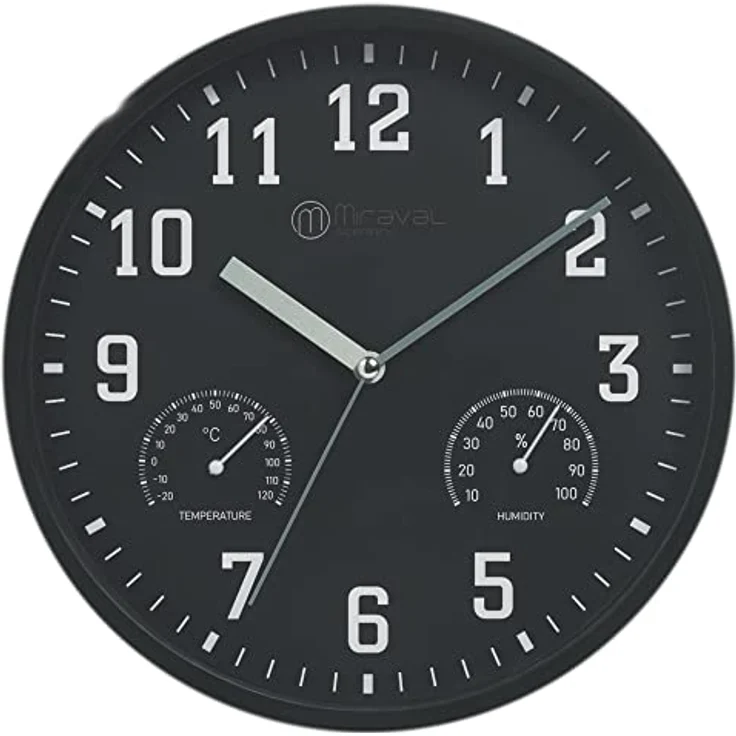 Miraval Wanduhr Wanduhr Thermometer Hygrometer, Schwarz, Lautloses Uhrwerk, 250 mm Durchmesser – Bild 1