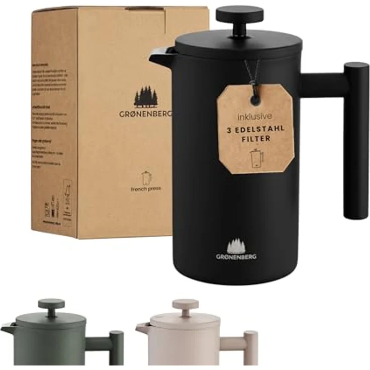 GRØNENBERG French Press Kanne, Edelstahl Kaffeebereiter mit Thermo Effekt, 0,6 oder 1 Liter, inkl. 3 Ersatz-Filter – Bild 1