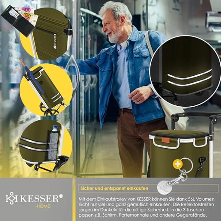 KESSER® Einkaufstrolley klappbar 56L, belastbar bis 50kg, 3in1 Trolley mit Kühlfach, Treppensteiger, Umhängetasche, Khaki – Bild 5