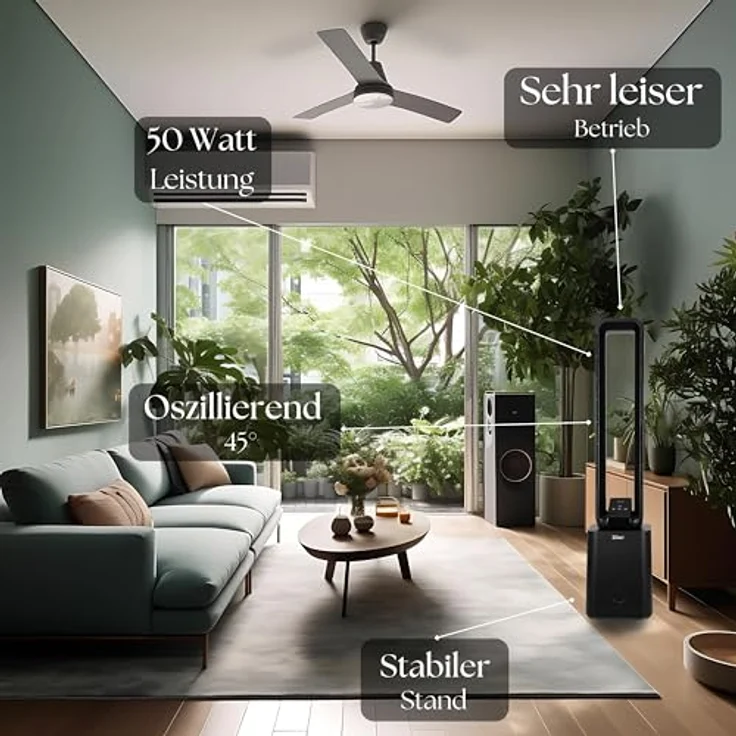 Zilan Turmventilator Venom Black, blattloser Standventilator mit Fernbedienung, 12 Geschwindigkeitsstufen, energiesparender BLDC-Motor und oszillierendem Betrieb – Bild 5