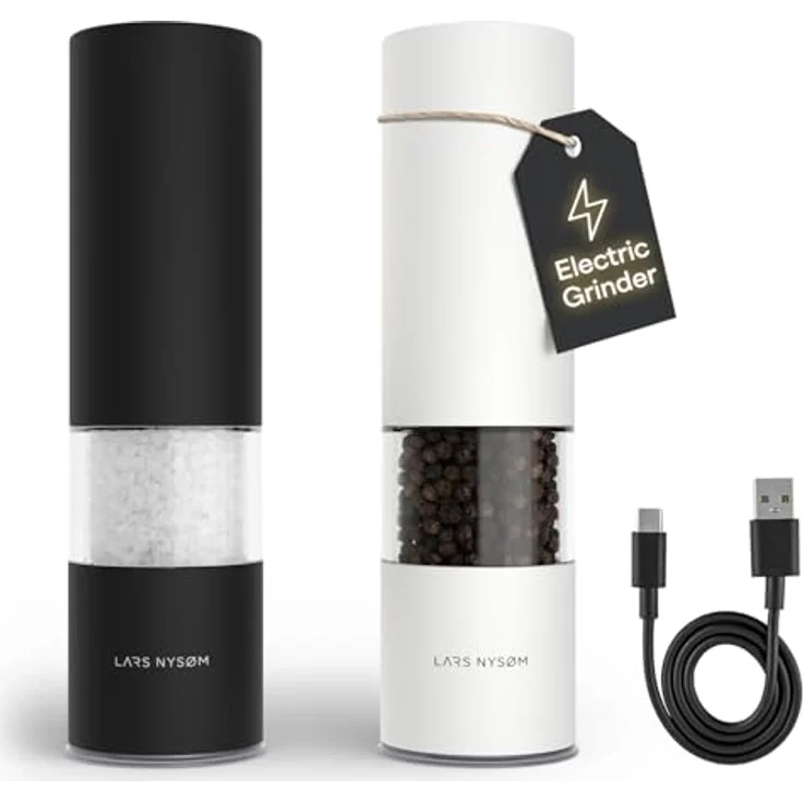 LARS NYSØM Gewürzmühle Stød, elektrische Salz- und Pfeffermühle mit LED-Licht, 2 Stück, Edelstahl, einhandbedienbar – Bild 1