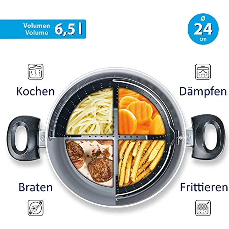 Genius Cerafit Magic Pot Kochtopf-Set 24cm - Topf 6,4l mit Siebeinsatz & Glasdeckel für einfaches Kochen, Abgießen & Servieren | keramikbeschichteter Nudeltopf für alle Herdarten, Schwarz, A24662 – Bild 2
