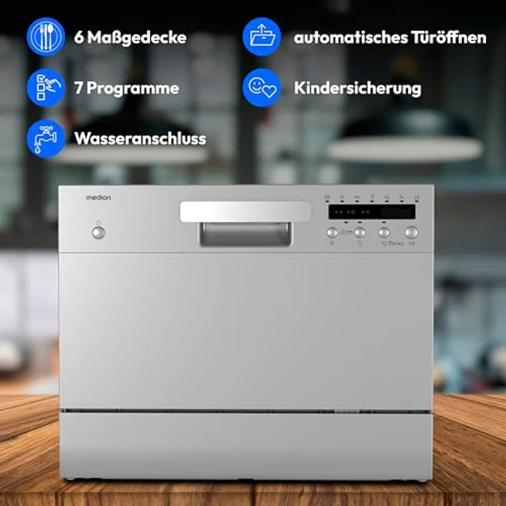 Medion MD 37496 Tischgeschirrspüler, silber, 6 Maßgedecke, Energieklasse D, AquaStop, kompakt, 6,5L Wasserverbrauch, 43,8cm hoch – Bild 4