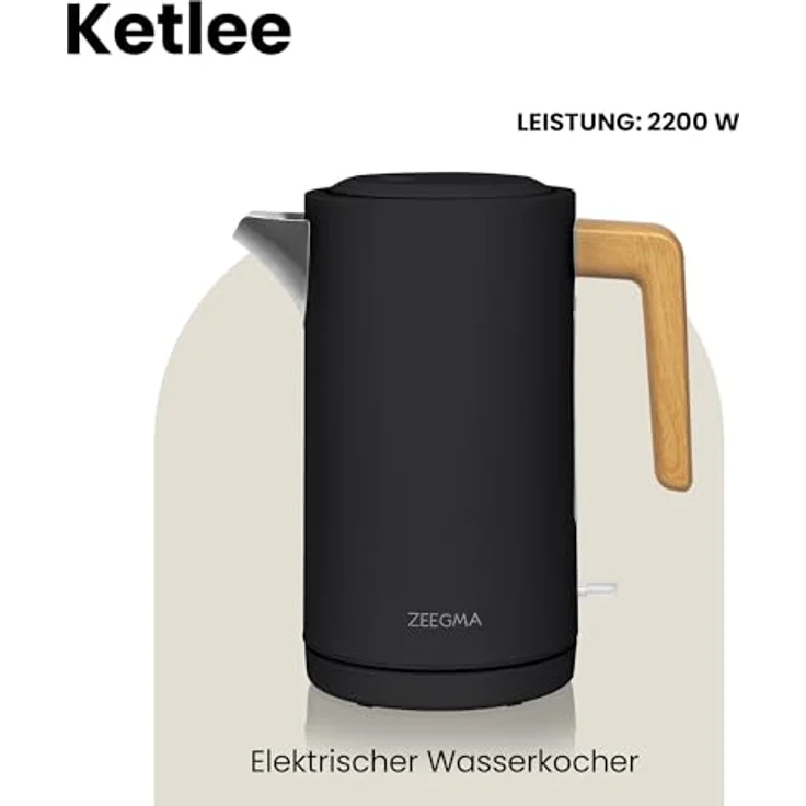 Zeegma KETLEE 1,7 L Kabelloser elektrischer Wasserkocher für Tee und Kaffee, 2200 Watt, automatische Abschaltung, Edelstahl, Modernes elegantes Design (Schwarz) – Bild 2