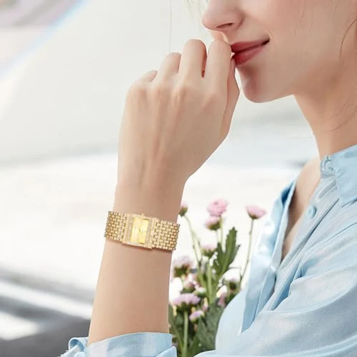 JewelryWe Damenuhr Glitzer Rechteckig Uhr: Goldene Bling Strass Analog Quarz Armbanduhr mit breitem Metallarmband und Eckigem Zifferblatt – Bild 3