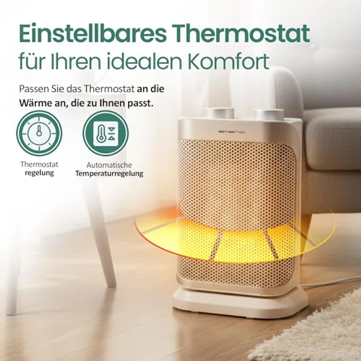 EMERIO FH-110691.4 Heizlüfter, 1500W, für Räume bis 15 m², mit PTC-Keramik-Heizelement, oszillierend, 2 Heizstufen, Einstellbarer Thermostat, Ventilatorfunktion, Kippschutz, silber – Bild 3