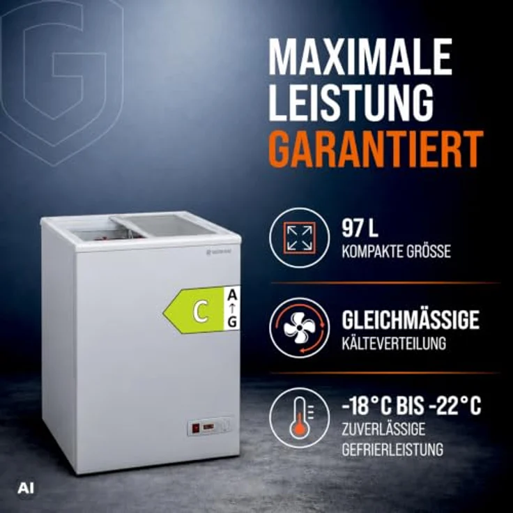 GASTROHERO Tiefkühltruhe ECO 100, 97 Liter mit Glasschiebedeckel und abschließbar, -18 bis -22 °C, geräuscharme statische Kühlung – Bild 2