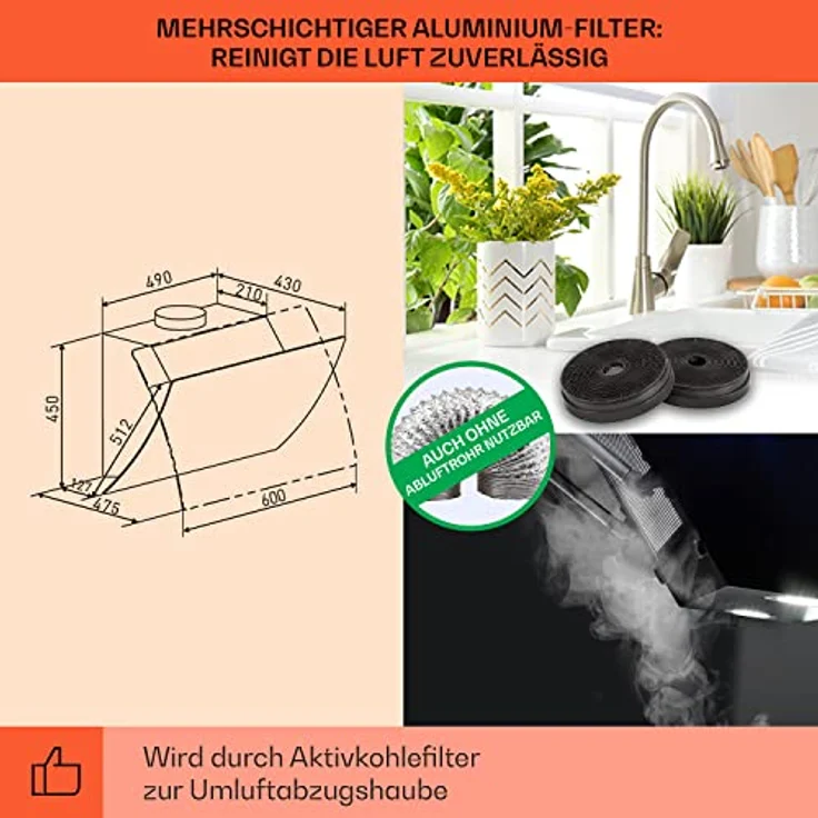 Klarstein 10040141 Kopffreihaube, Clara 60 Dunstabzugshaube Glas 509 m³/h Touch Ambiente-Licht, schwarz – Bild 6
