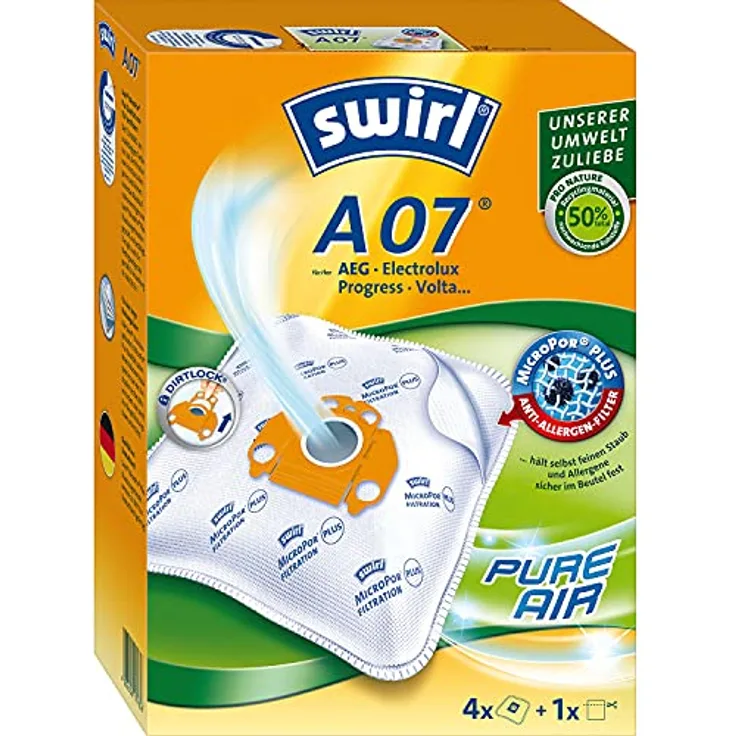 Swirl A07 Airspace Staubsaugerbeutel, 4 St. MicroPor® Plus Anti-Allergen-Filter, ressourcenschonend, Made in Germany