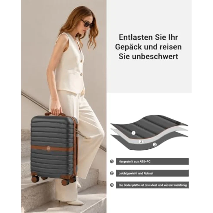 KONO Koffer Set 3-teilig, Hartschalenkoffer aus ABS+PC, leicht, grau/braun, 360° drehbare Doppelrollen, integriertes Zahlenschloss – Bild 5