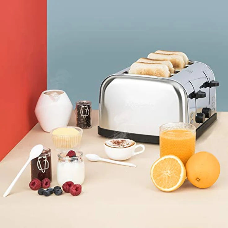 H.Koenig Toaster 4 Scheiben TOAS14 Vintage Edelstahl 7 Bräunungsstufen Aufwärmen Einfache Reinigung 1500 W Silver [Energieklasse A+] – Bild 2