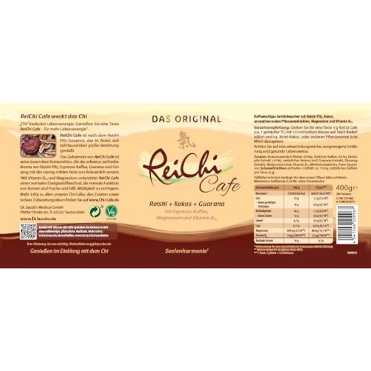 Dr. Jacob's Reichi Cafe Pulver 400 g, exotisch-cremiger Kaffee mit Reishi-Pilz, Kokos, Vitamin B12 & Magnesium, vegan, ohne Zucker – Bild 2